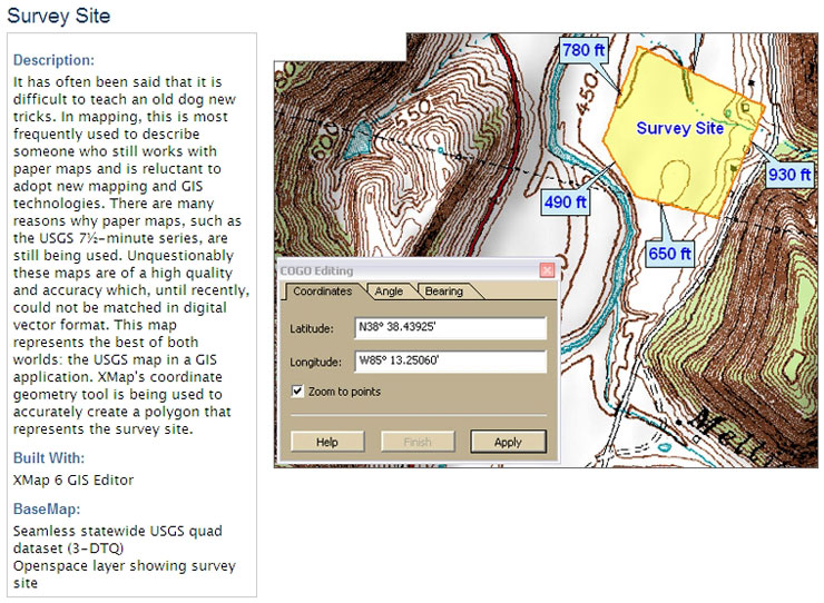 This map represents the best of both worlds: the USGS map in GIS application. XMap's coordinate geometry tool is being used to accurately create a polygon that represents the survey site.