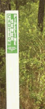 Carsonite Curv-Flex Utility post with Caution Sewer Pipeline decal